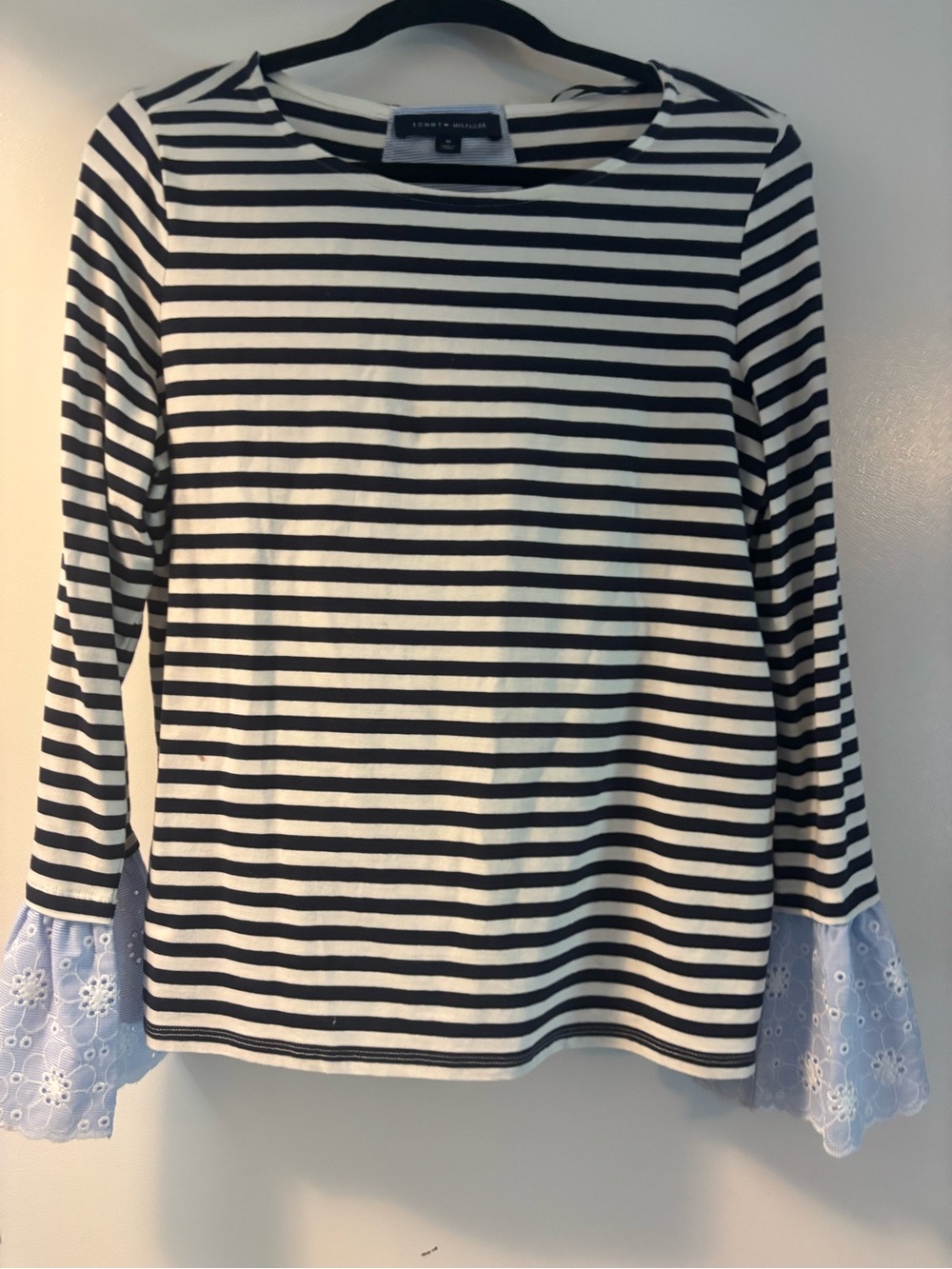 Tommy Hilfiger Black and White Striped Long Sleeve Top with Lace Cuff